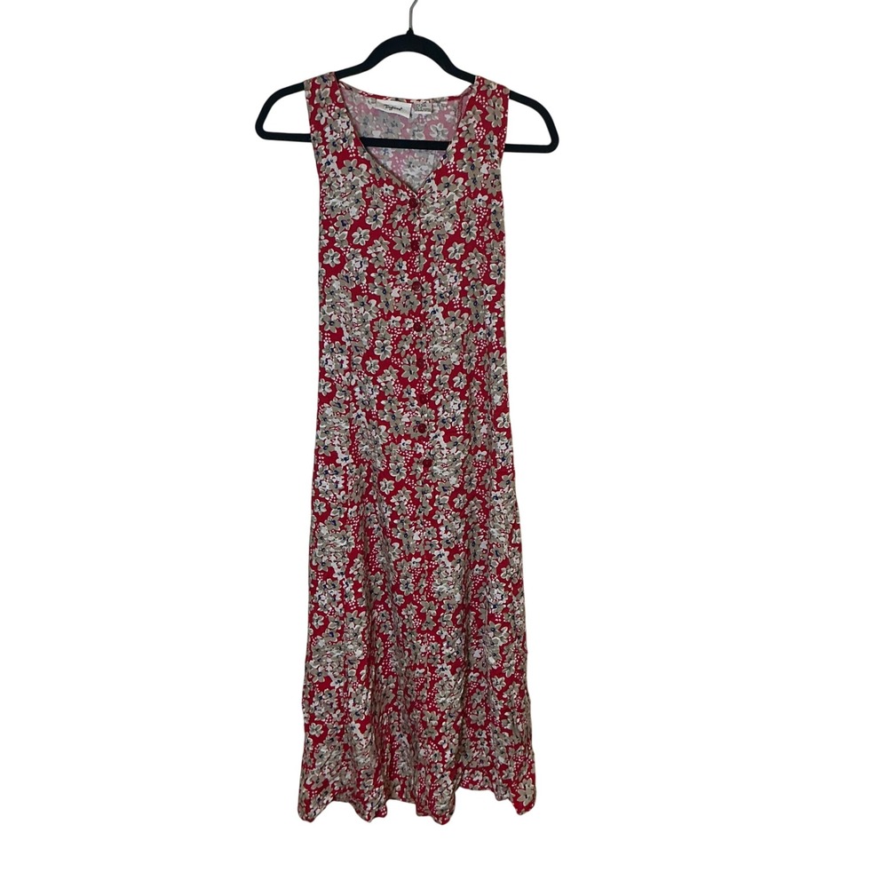 Vintage 90s Toyjours Floral Maxi Dress M Red Rayon Button Front Tie Back